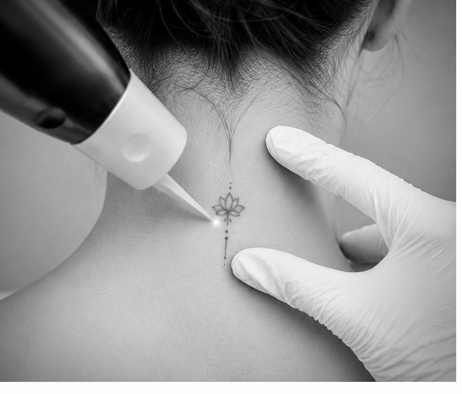 Détatouage laser d'un tatouage de la nuque au laser picoseconde, pratique en formation